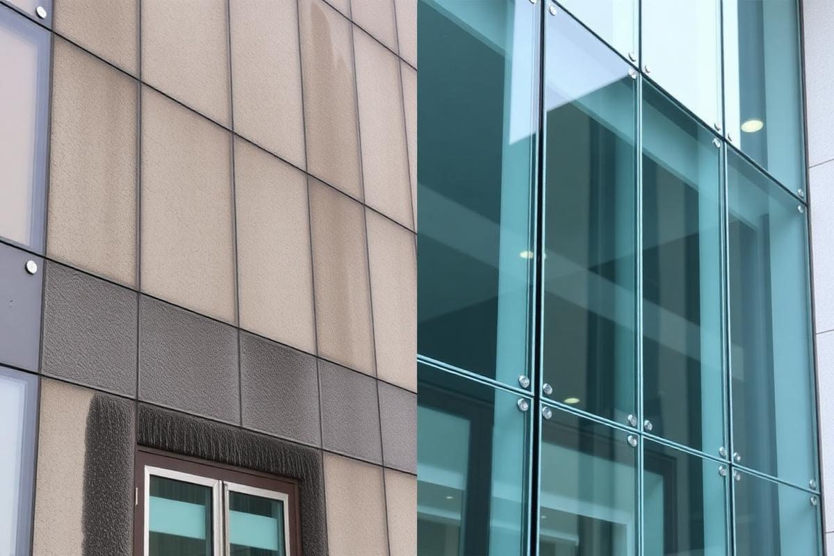 Comparativo antes e depois de fachada de edifício corporativo: à esquerda suja com manchas, à direita vidros limpos e reflexivos