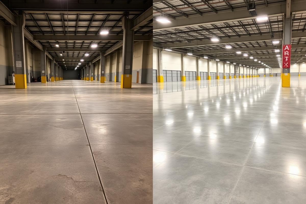 Comparativo antes e depois de piso de concreto em galpão industrial: à esquerda opaco e manchado, à direita polido e refletindo a iluminação