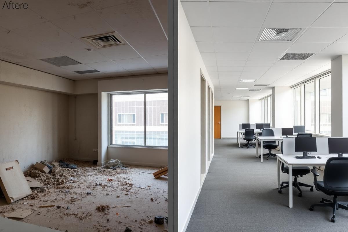 Comparativo antes e depois de escritório após obra: à esquerda entulho e poeira, à direita ambiente entregue limpo e mobiliado